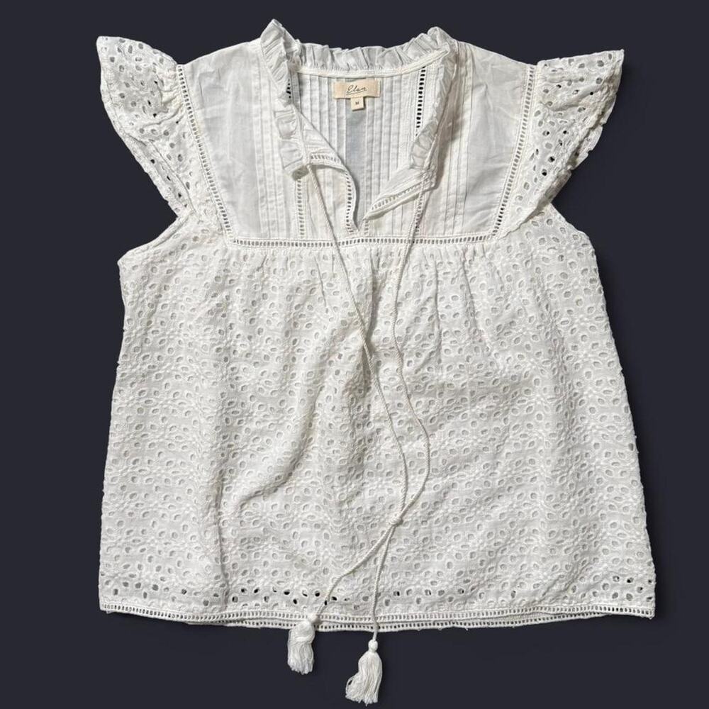 White Elan Eyelet Flutter Sleeve Top  with Tassels